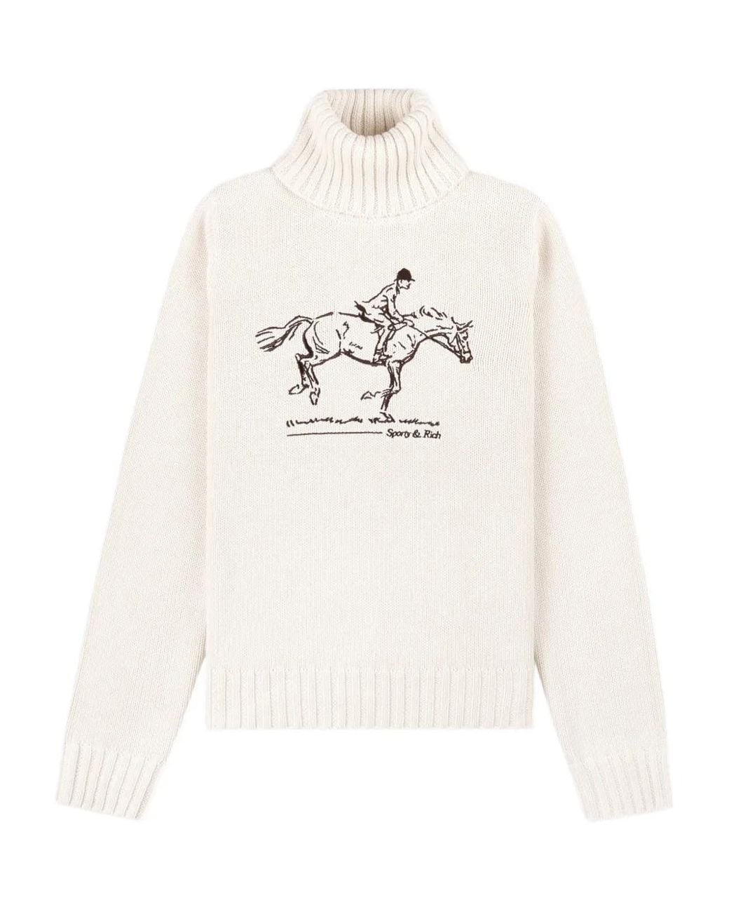 Sporty & Rich White Turtleneck Equestrian-Embroidered Sweater