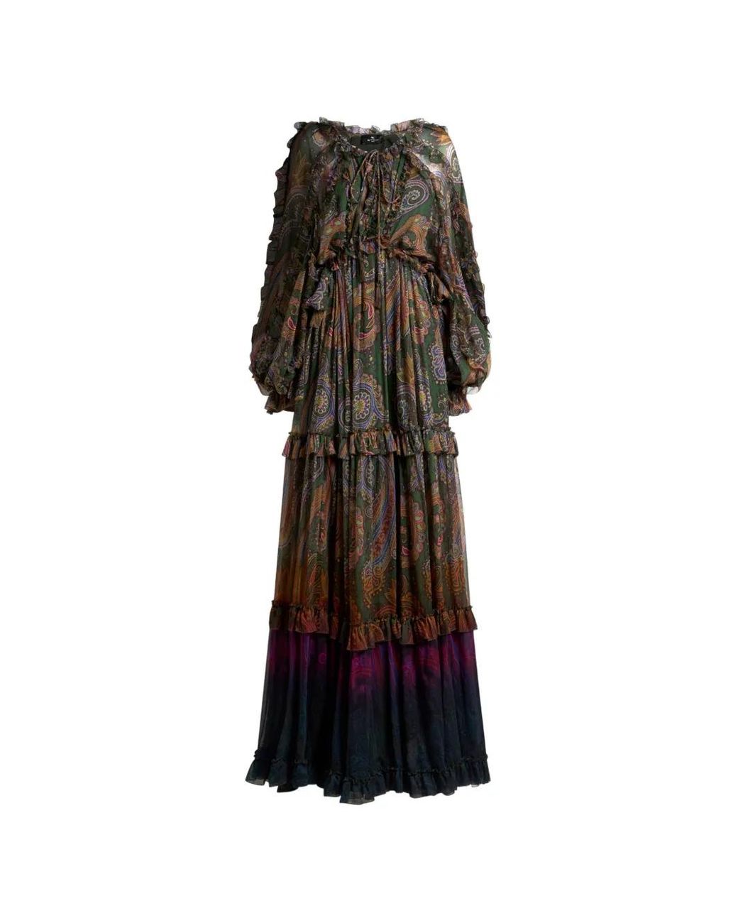 Etro Black Long Silk Dress With Ruffles And Placed Degradé Paisley Print