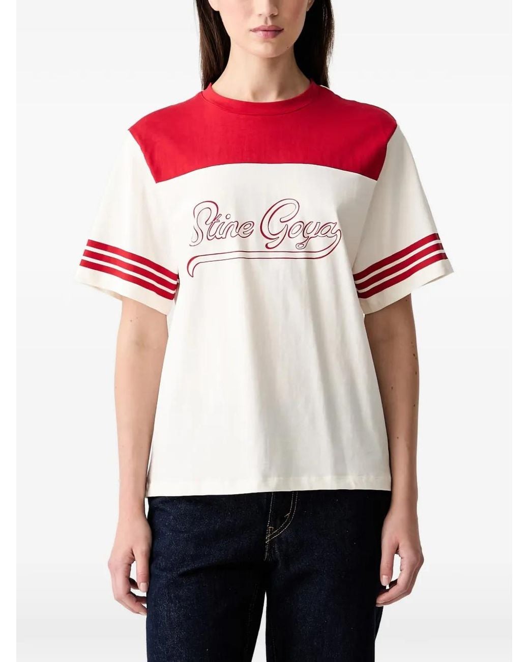 Stine Goya Red Logo-Print Striped-Sleeve T-Shirt