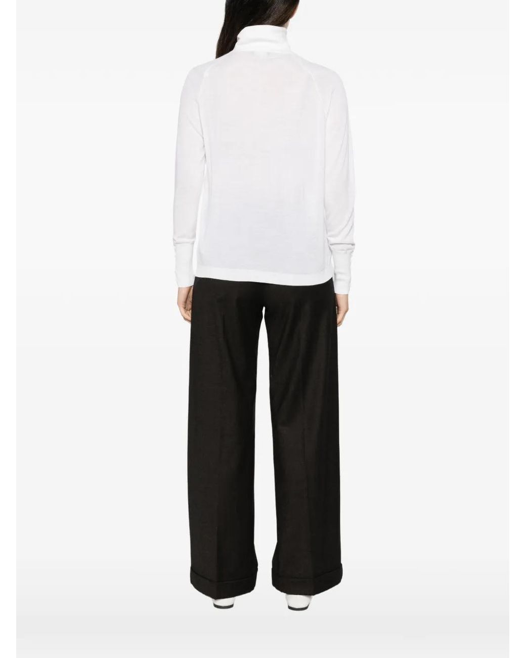 Alpha Studio White Button-Cuff Roll-Neck Sweater