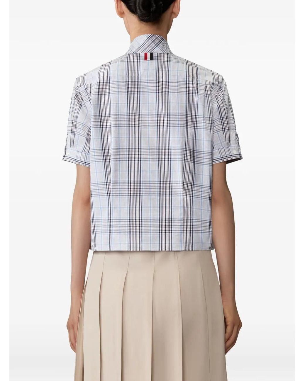 Thom Browne Blue Plaid Check Poplin Tie Collar Blouse