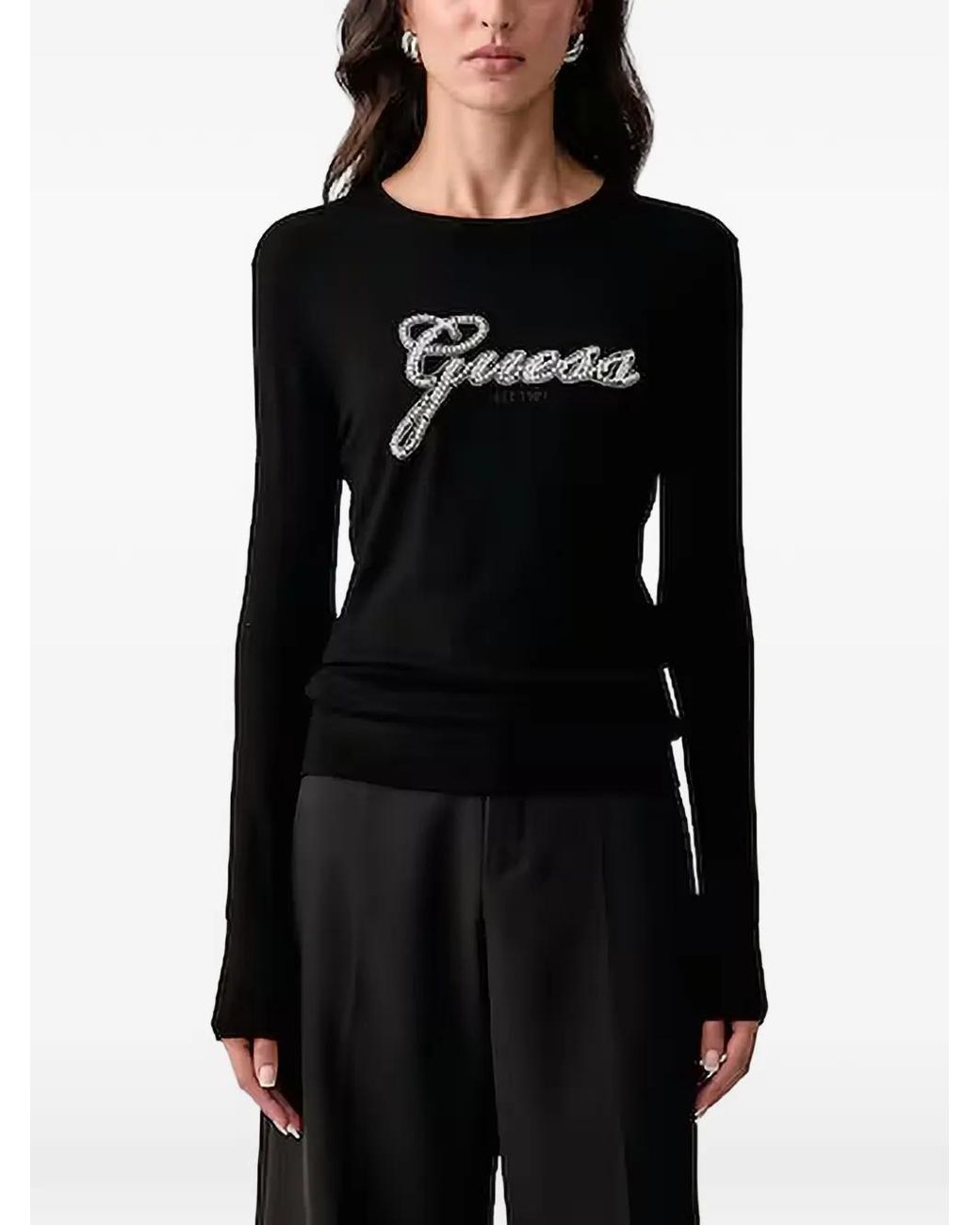 Guess Black Logo-Embellished Long-Sleeve Sweater