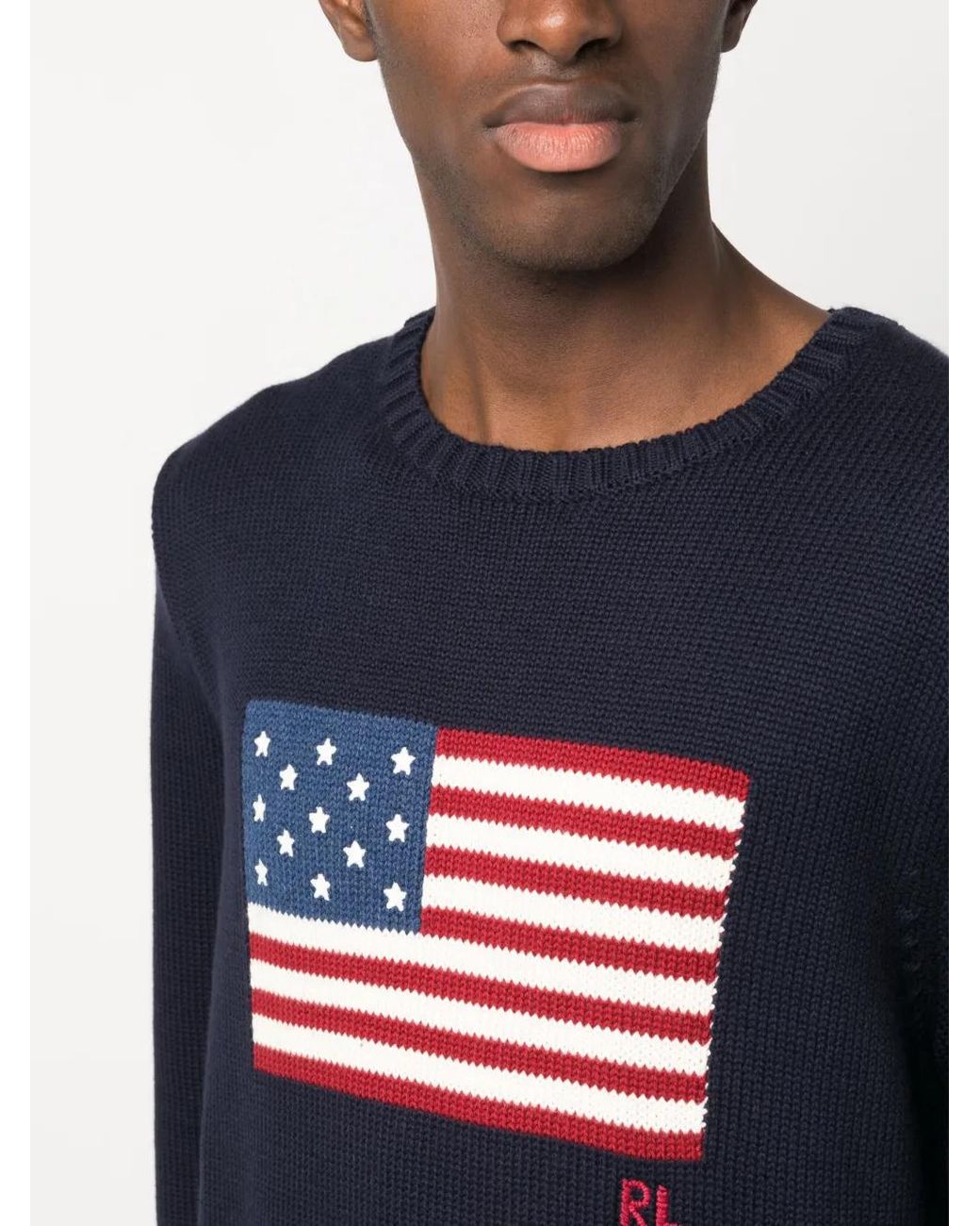 Ralph Lauren Blue Crewneck Sweater With American Flag Graphic for men