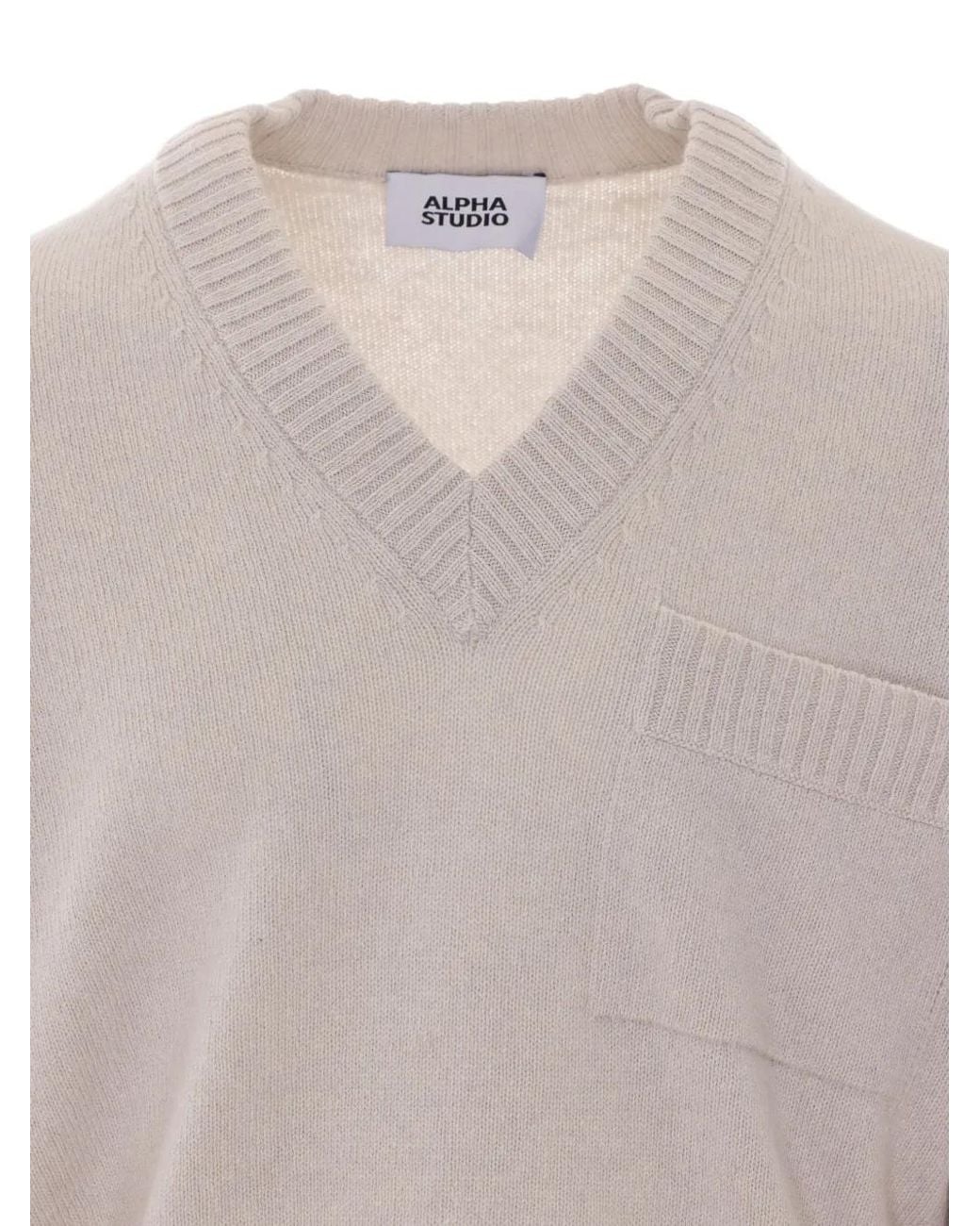 Alpha Studio White V-Neck Pocket-Detail Sweater for men