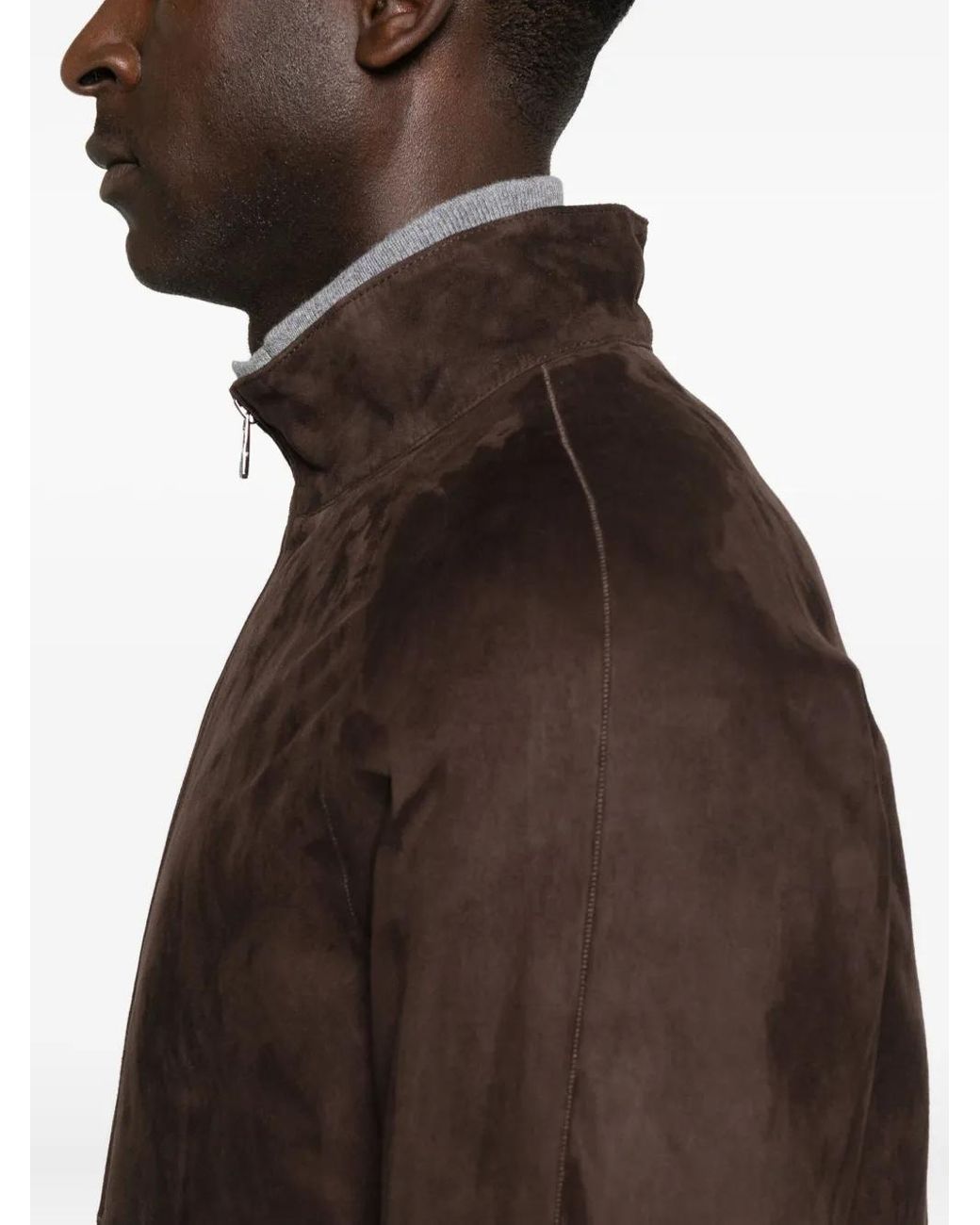 Corneliani Brown Zip-Front Suede Leather Jacket for men