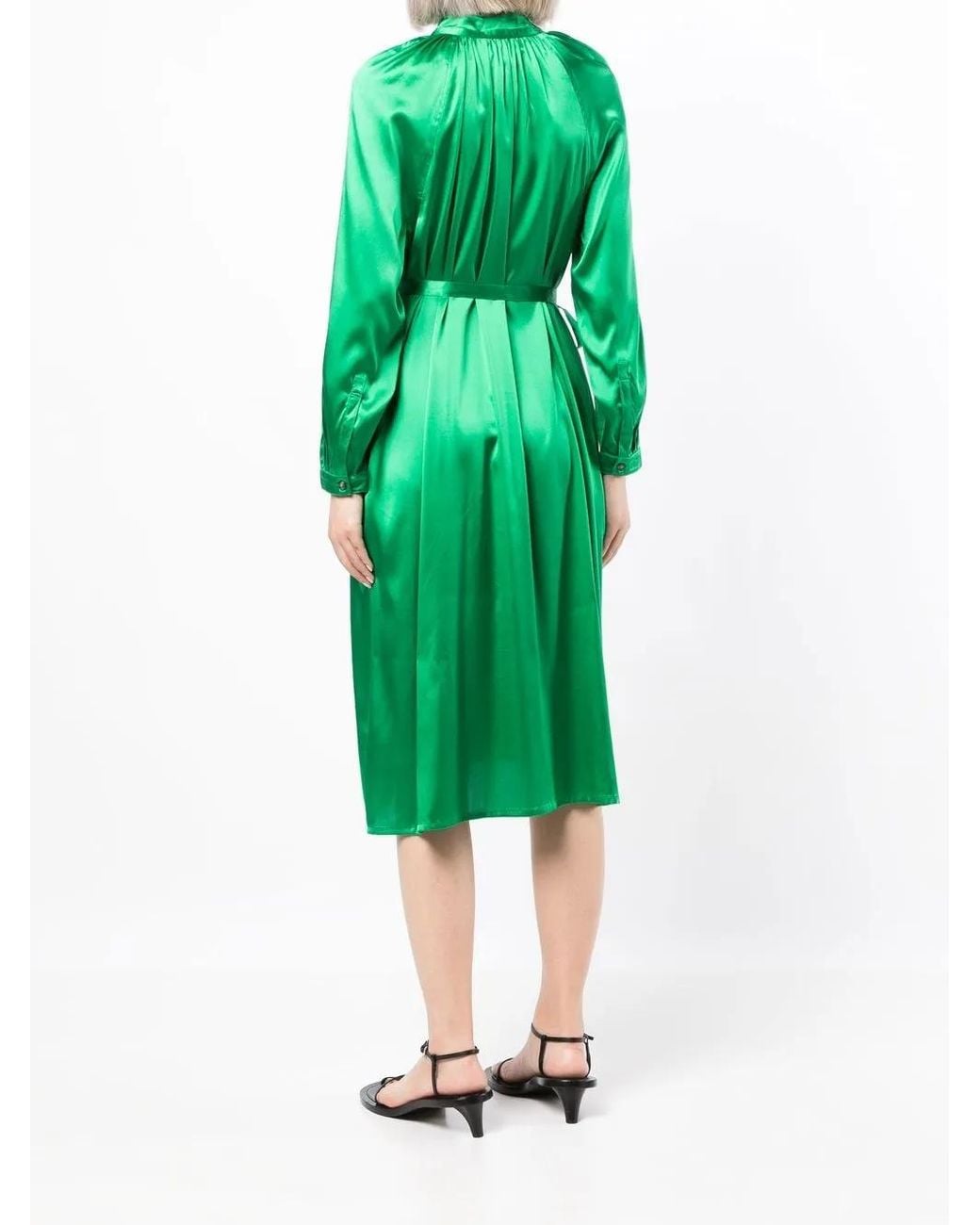 Yves Salomon Green Satin-Finish Tied-Waist Dress