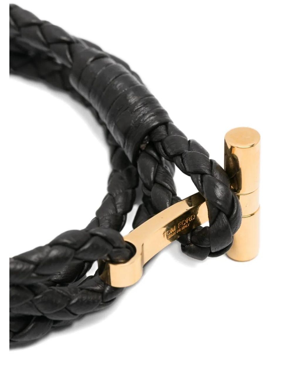 Tom Ford Black Braided Leather T Bracelet for men
