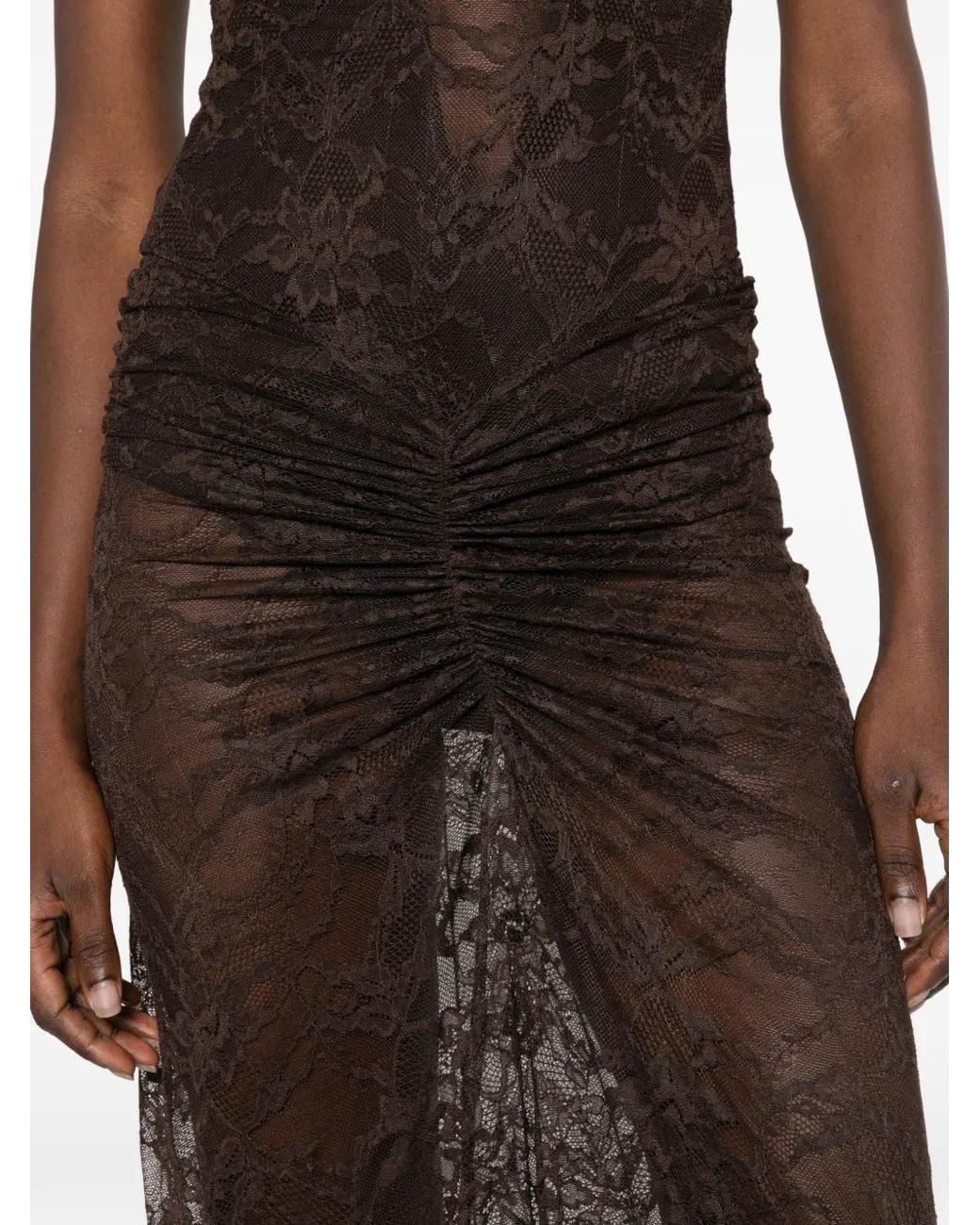 ANDAMANE Brown Palma Lace Ruched Gown Maxi Dress