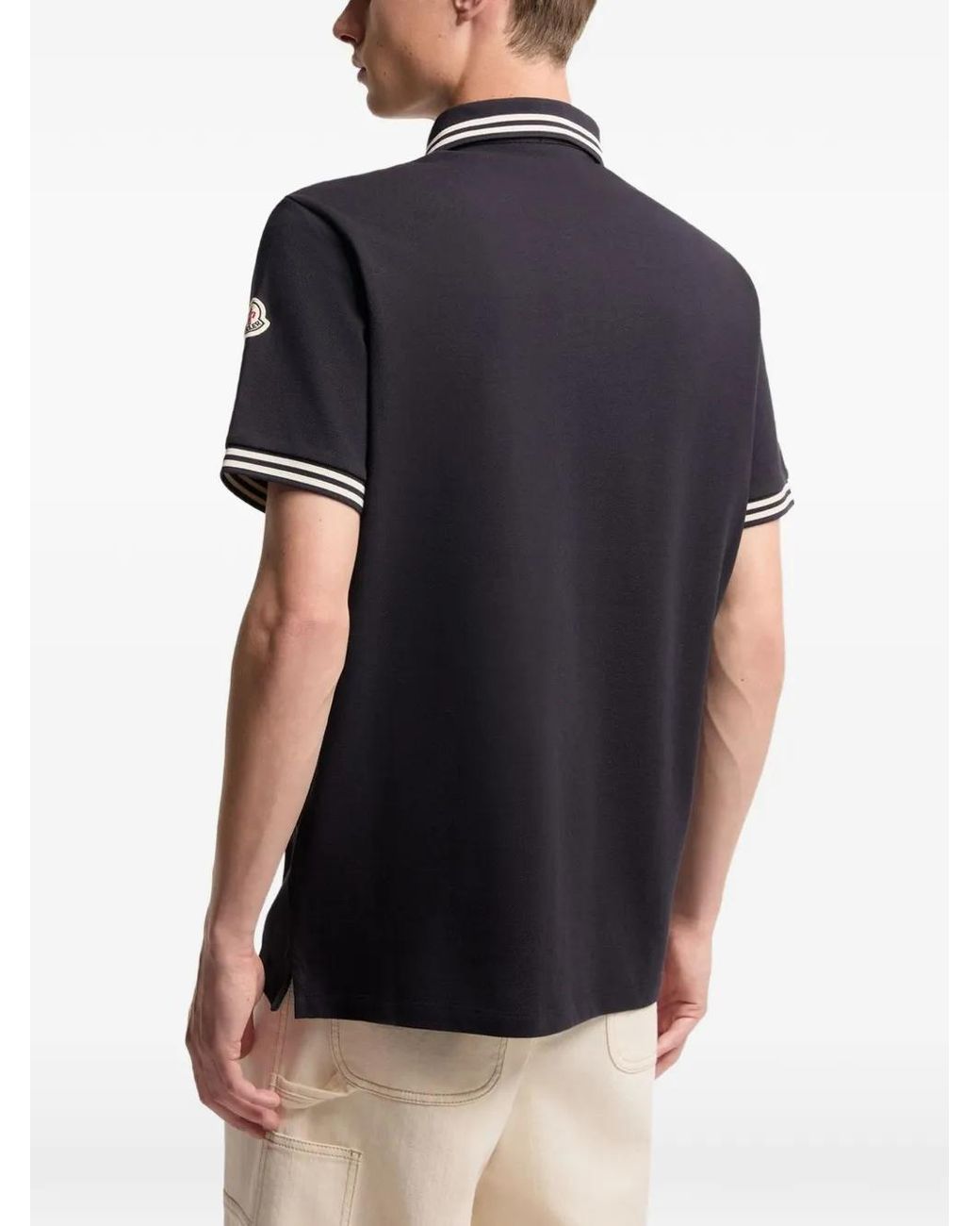 Moncler Blue Logo-Embroidered Striped-Trim Polo Shirt for men