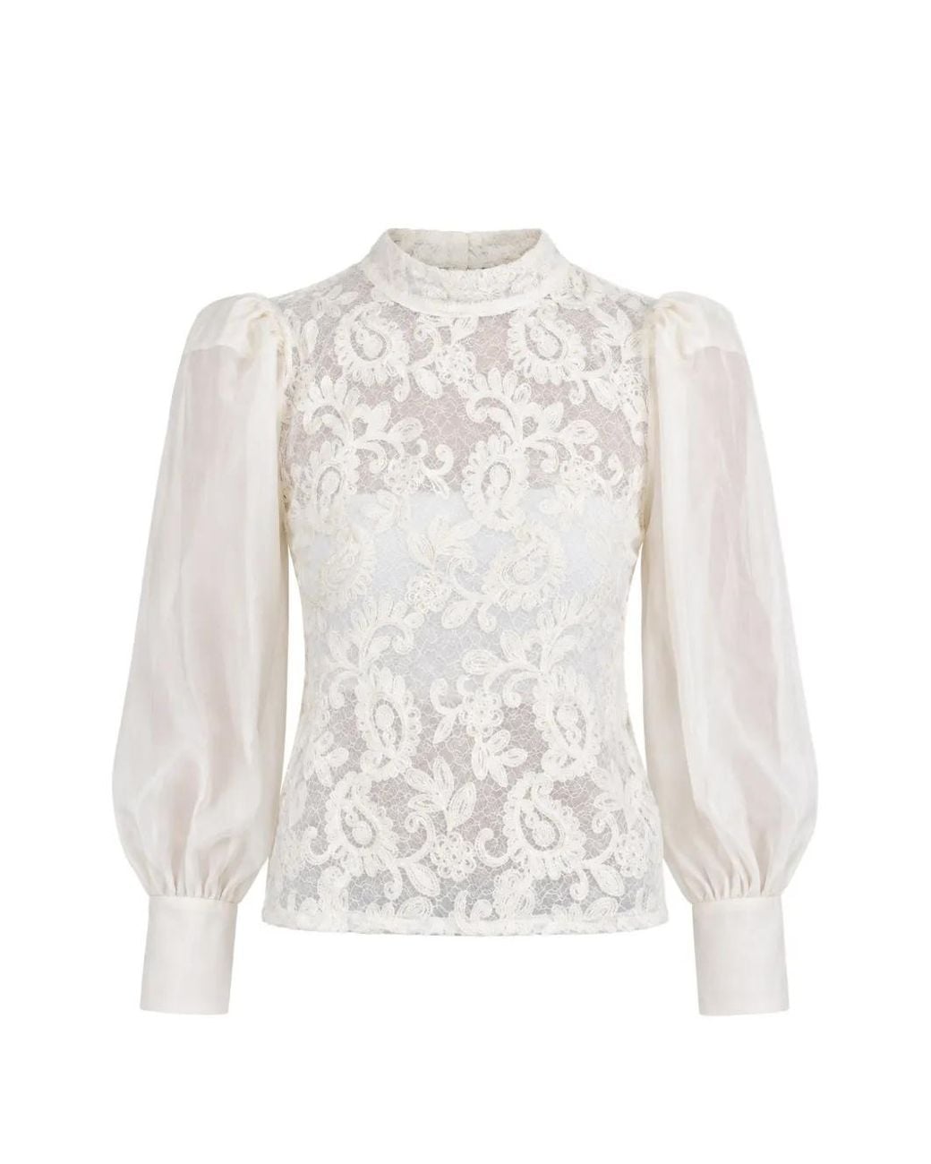 ViCOLO White Lace-Overlay Puff-Sleeve Blouse