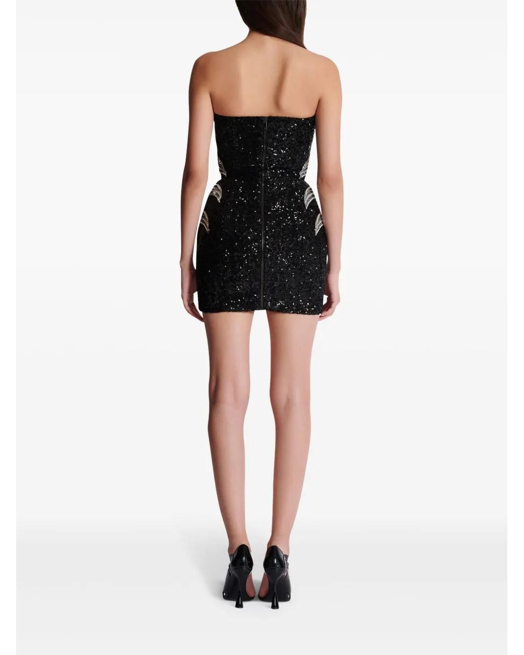 Balmain Black Strapless Embellished Sequin Mini Dress