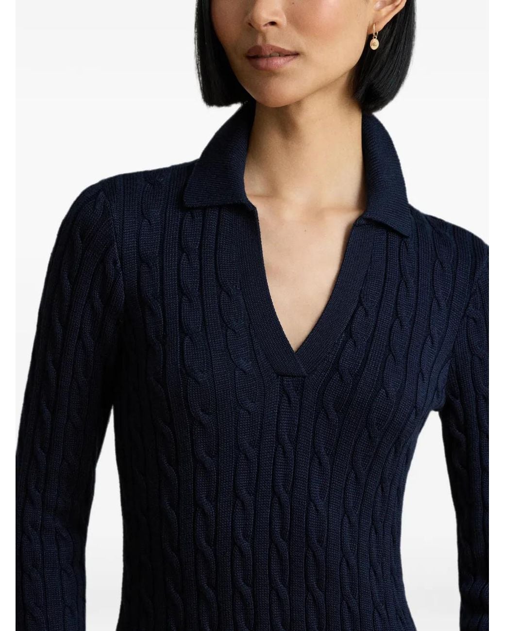 Ralph Lauren Blue Cable-Knit Collared Midi Dress