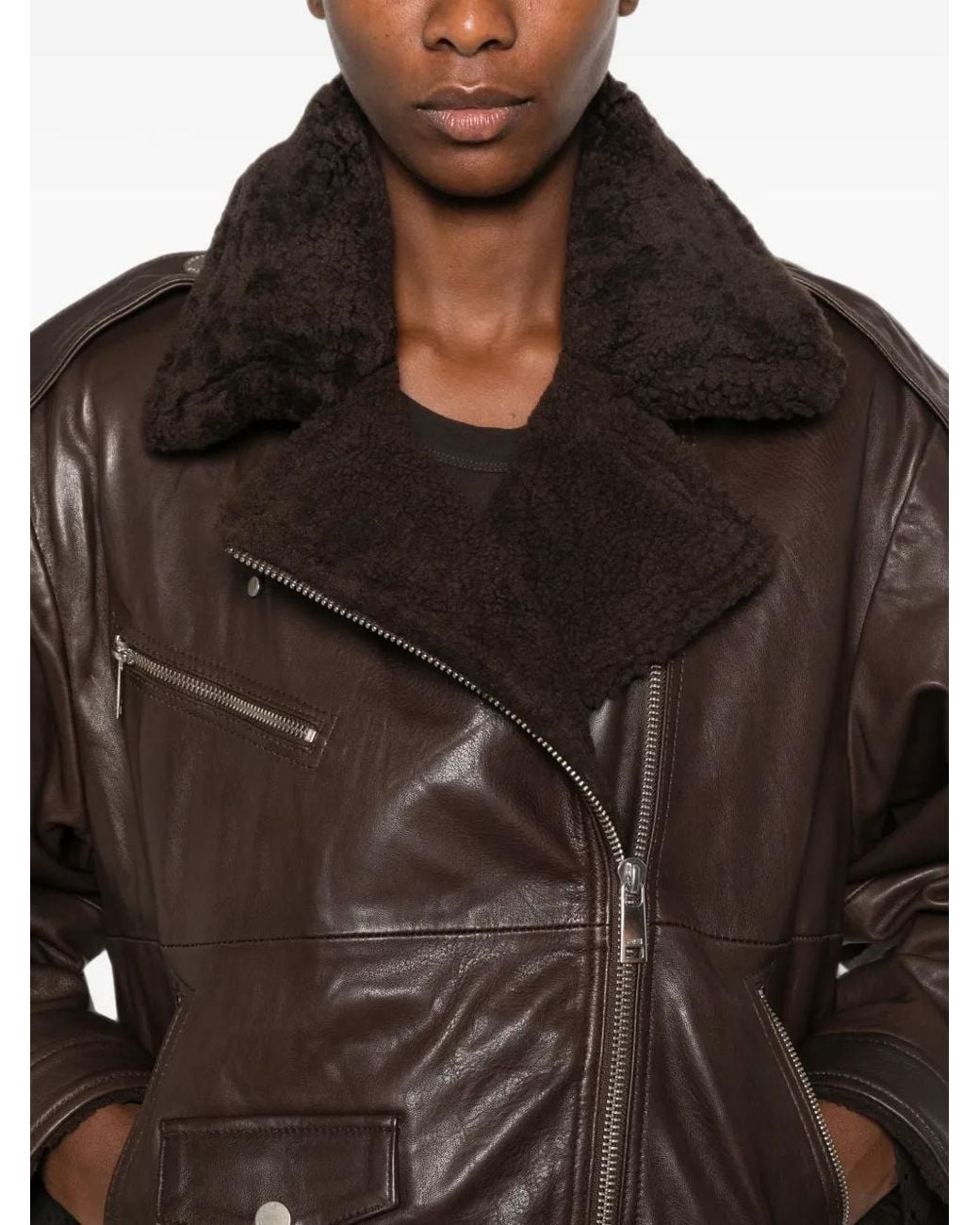 Gestuz Brown Veste Ceinturée À Col En Peau Lainée