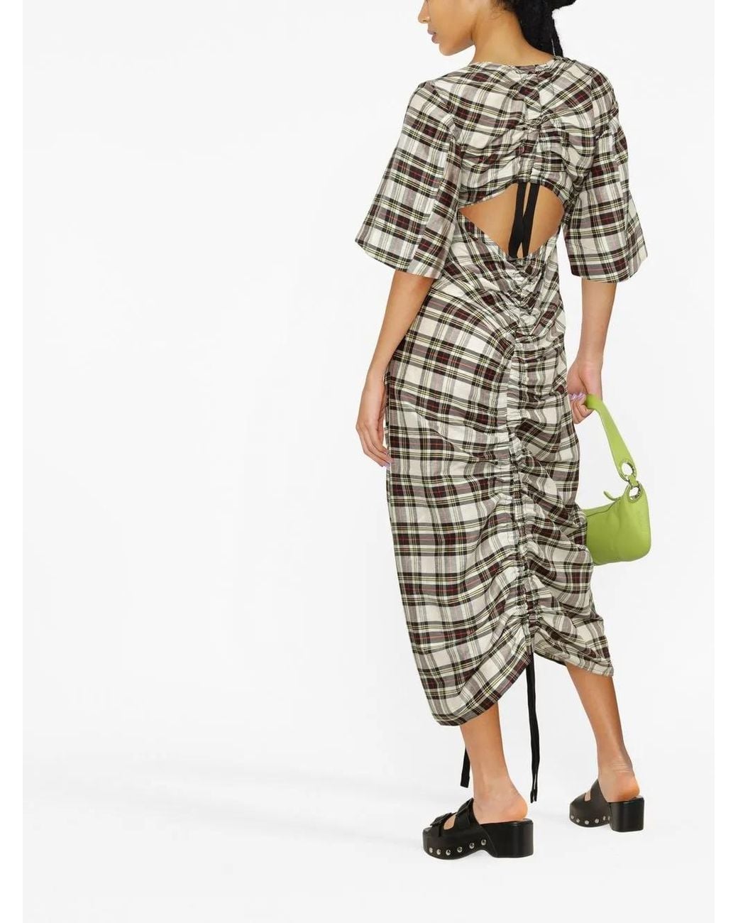 Ganni Black Ruched Plaid Midi Dress