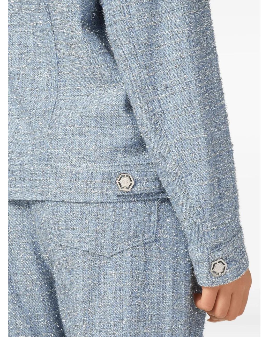 Philipp Plein Blue Tweed Cropped Jacket