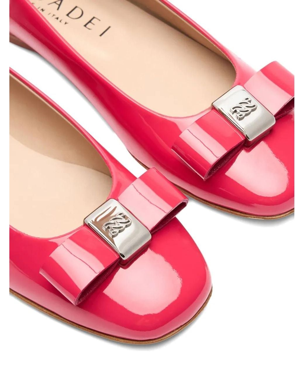 Casadei Pink Bow-Embellished Patent-Leather Ballet Flats