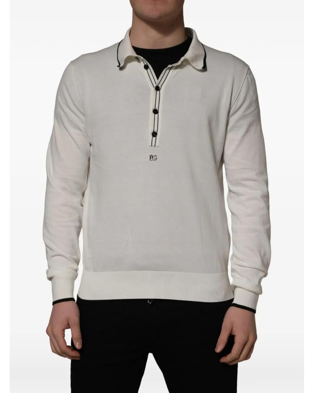 Dolce & Gabbana Gray Piped-Trim Long-Sleeve Polo Shirt for men