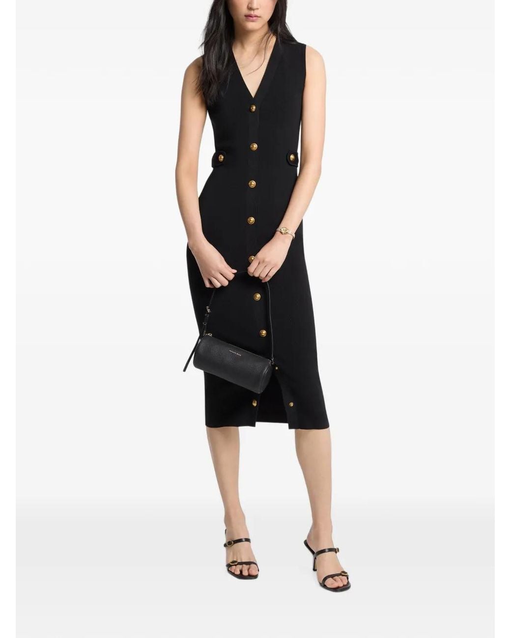 Michael Kors Black Button-Up V-Neck Midi Dress