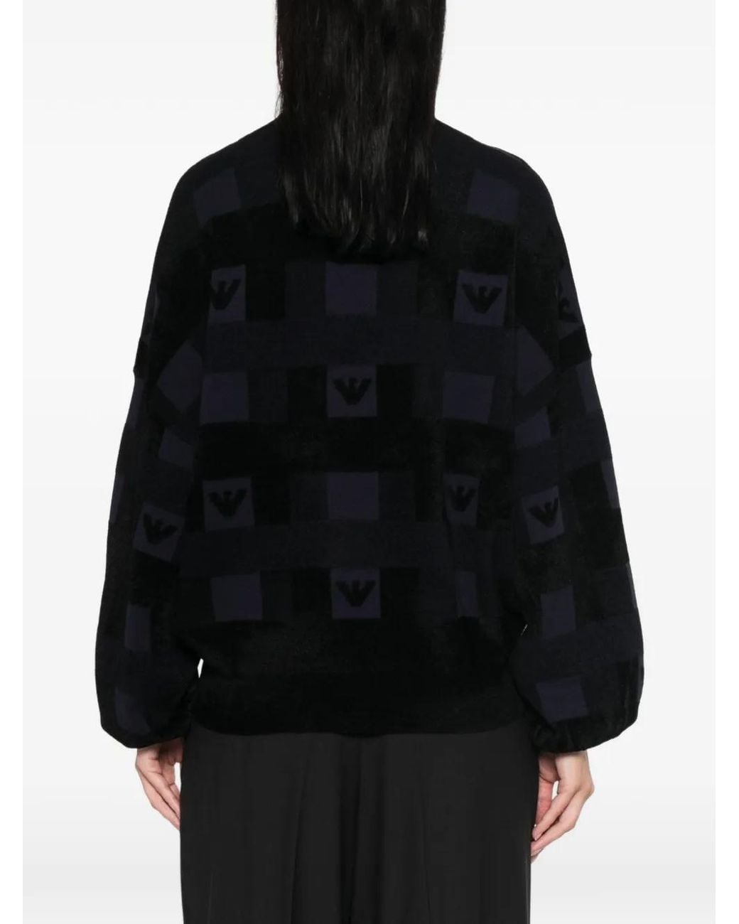 Emporio Armani Black Crew-Neck Sweater With Checkered Inlay Graphic And Logo