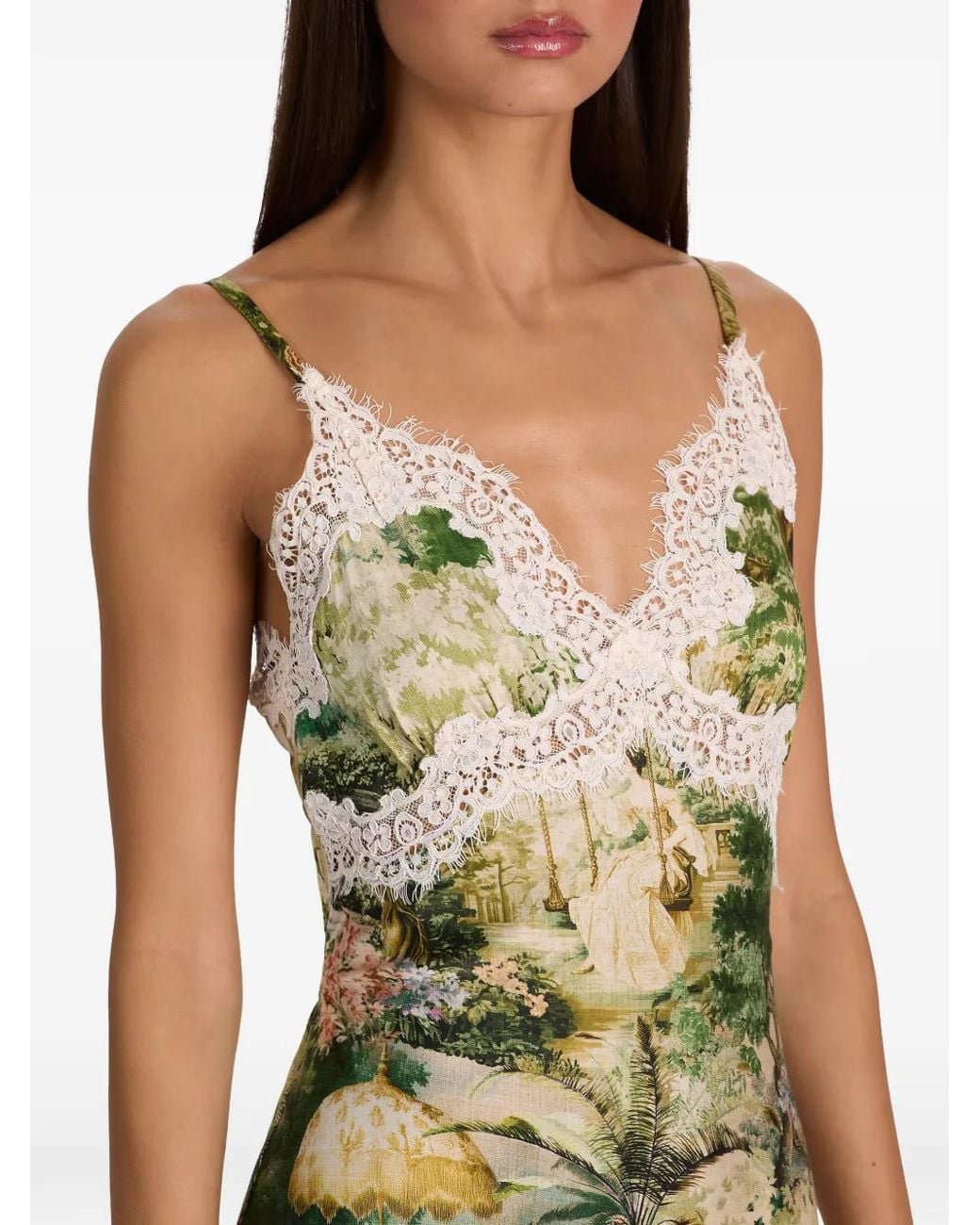Alice + Olivia Green Lace-Trim Landscape-Print Maxi Slip Dress