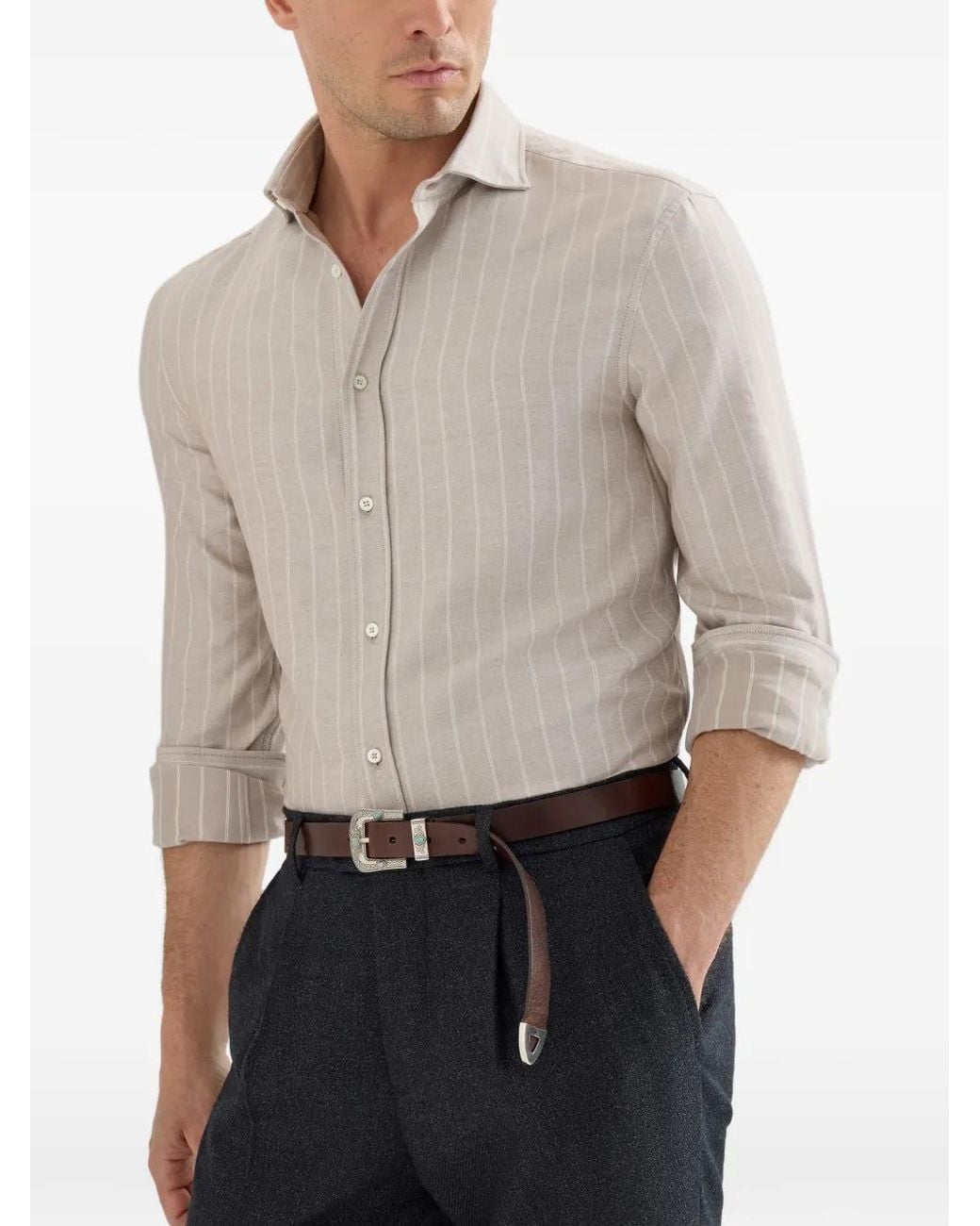 Brunello Cucinelli White Lyocell And Cotton Chalk Stripe Flannel Shirt With Spread Collar for men