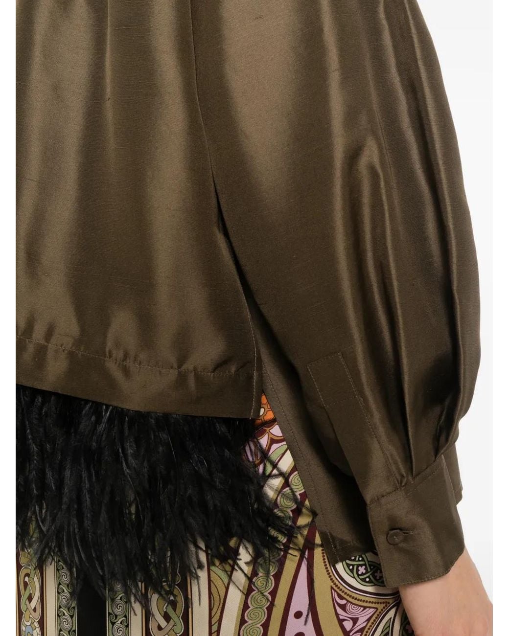 LaDoubleJ Green La Scala Feather-Trimmed Silk Shirt