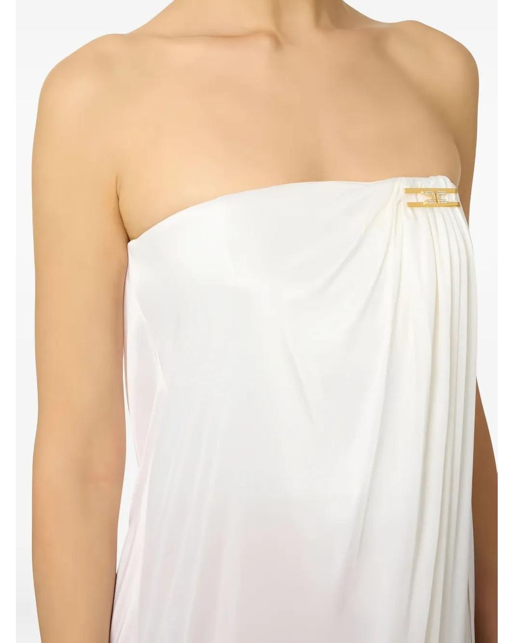 Elisabetta Franchi White Bare-Shoulders Jewel-Plaque Maxi Dress