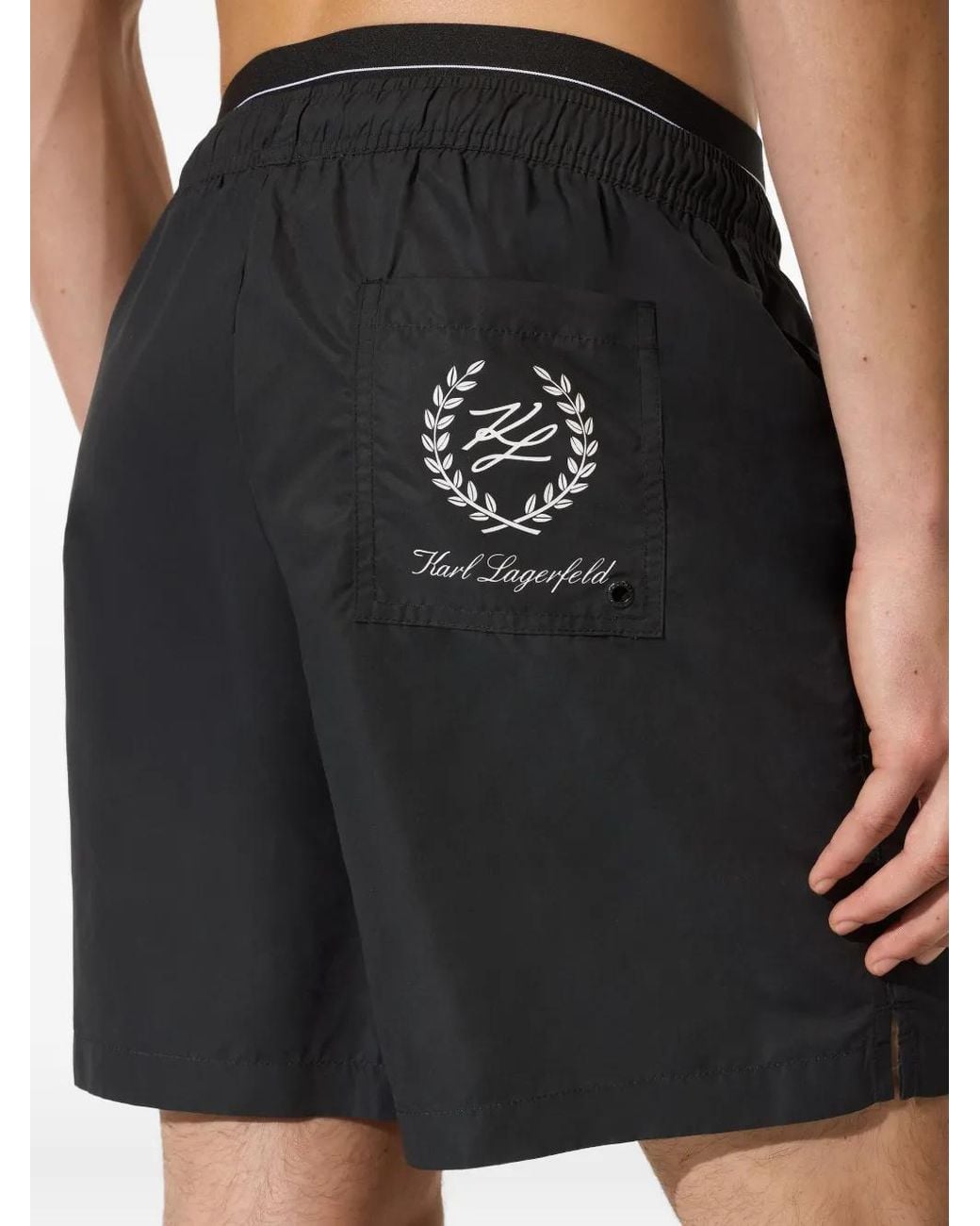 Karl Lagerfeld Black Double-Waistband Swim Shorts for men