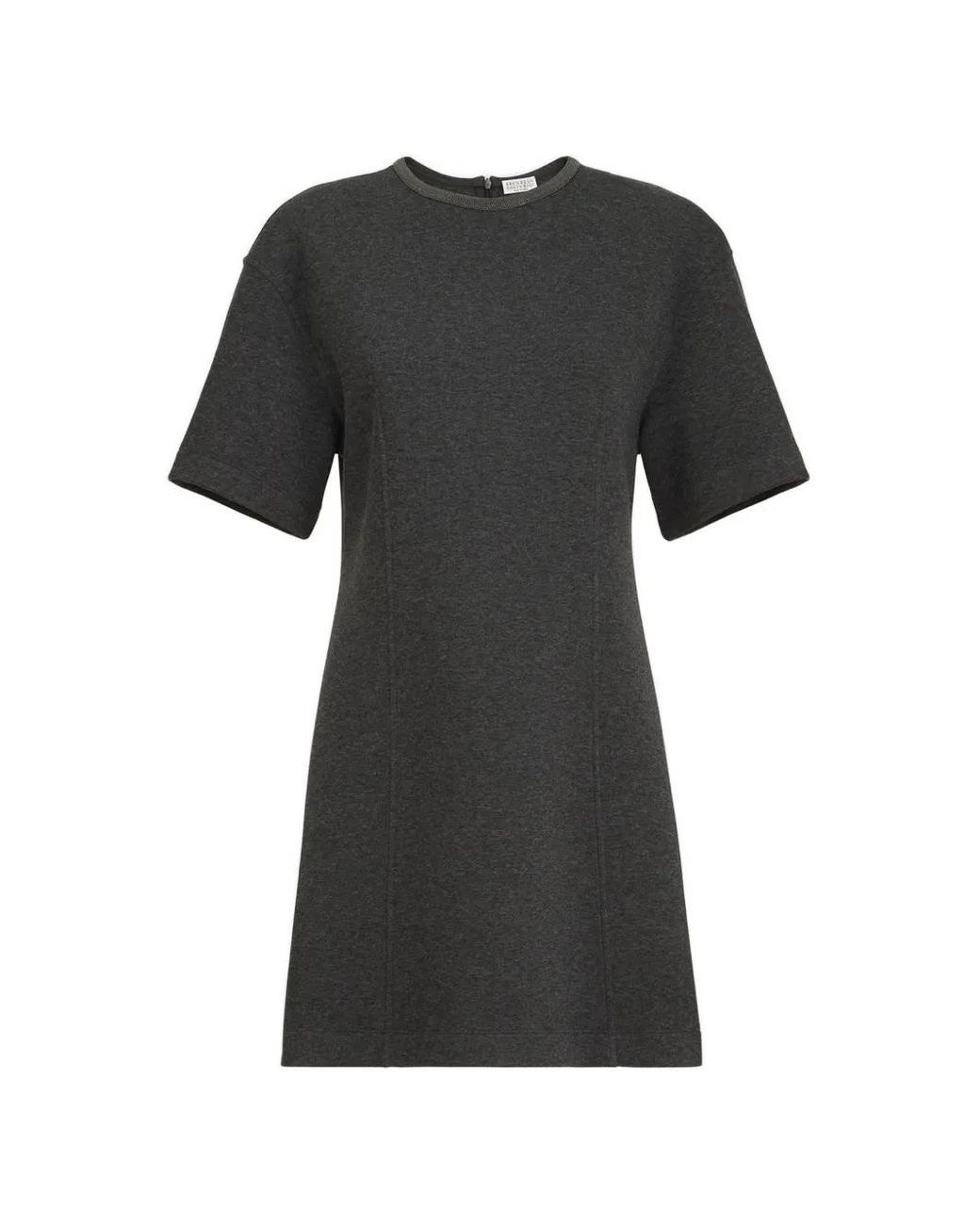 Brunello Cucinelli Black Techno Cotton And Cashmere Interlock T-Shirt Dress With Precious Collar
