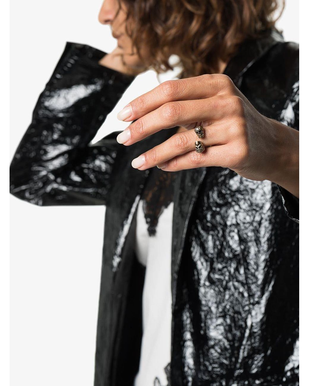 Alexander Mcqueen Gold Tone Embellished Twin Skull Ring In Metallic Lyst
