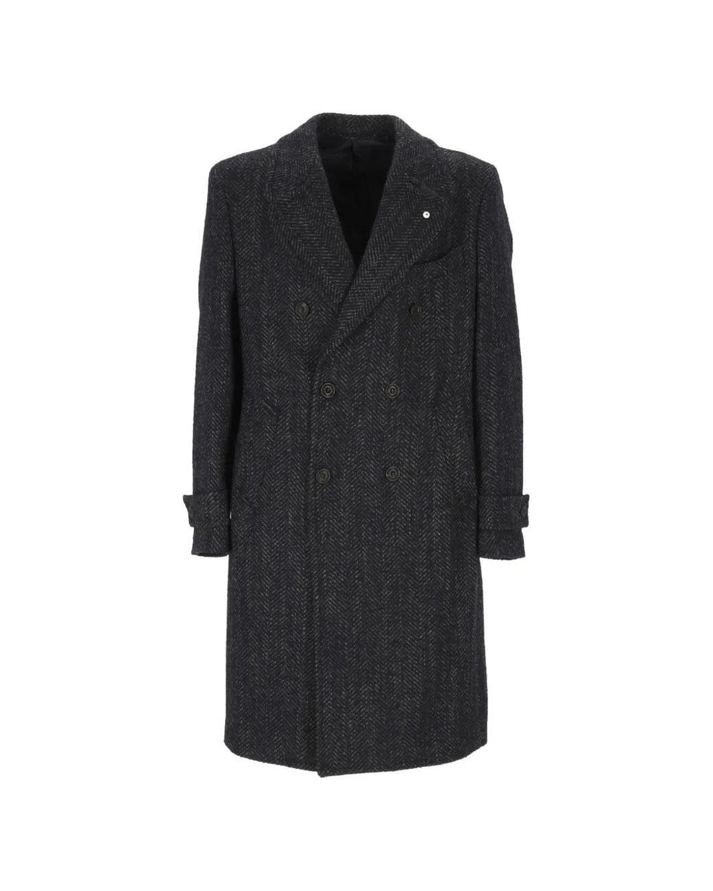 L.b.m. 1911 Black Herringbone-Pattern Double-Breasted Coat for men