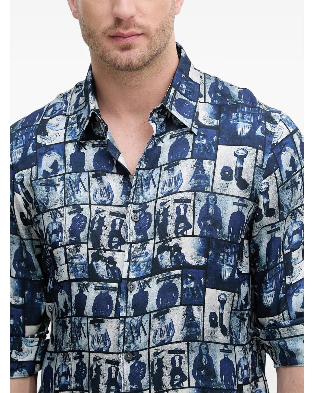 ARMANI EXCHANGE Blue Graphic-Print Long-Sleeved Shirt for men