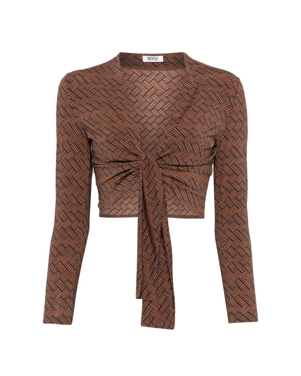 Siyu Brown Geometric-Pattern Tie-Front Blouse
