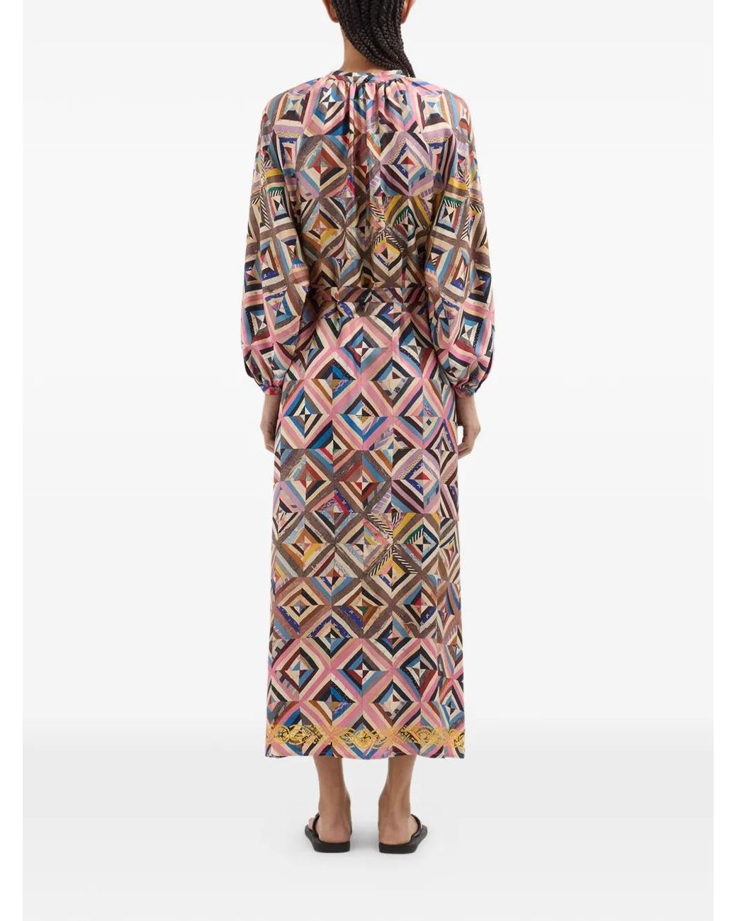 Pierre Louis Mascia White Balloon-Sleeve Geometric-Pattern Midi Dress