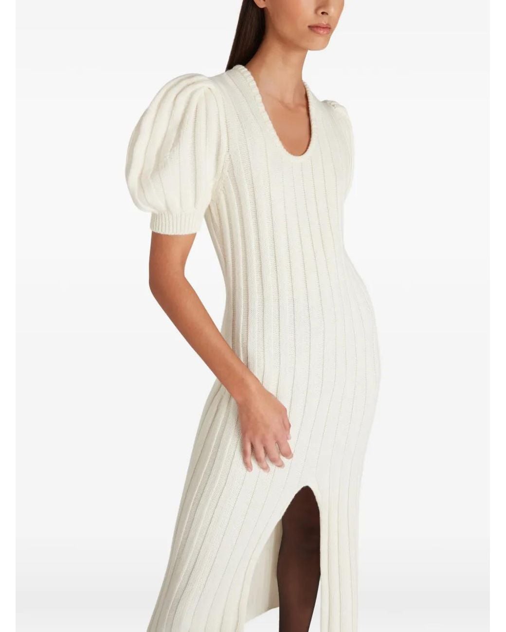 Violante Nessi White Ribbed-Knit Puff-Sleeve Midi Dress