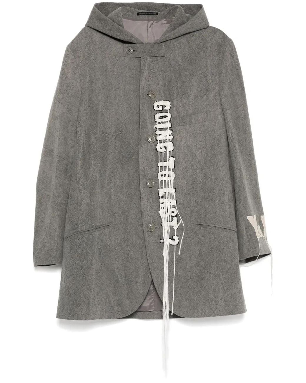 Yohji Yamamoto Gray Logo-Print Wool Hooded Jacket for men