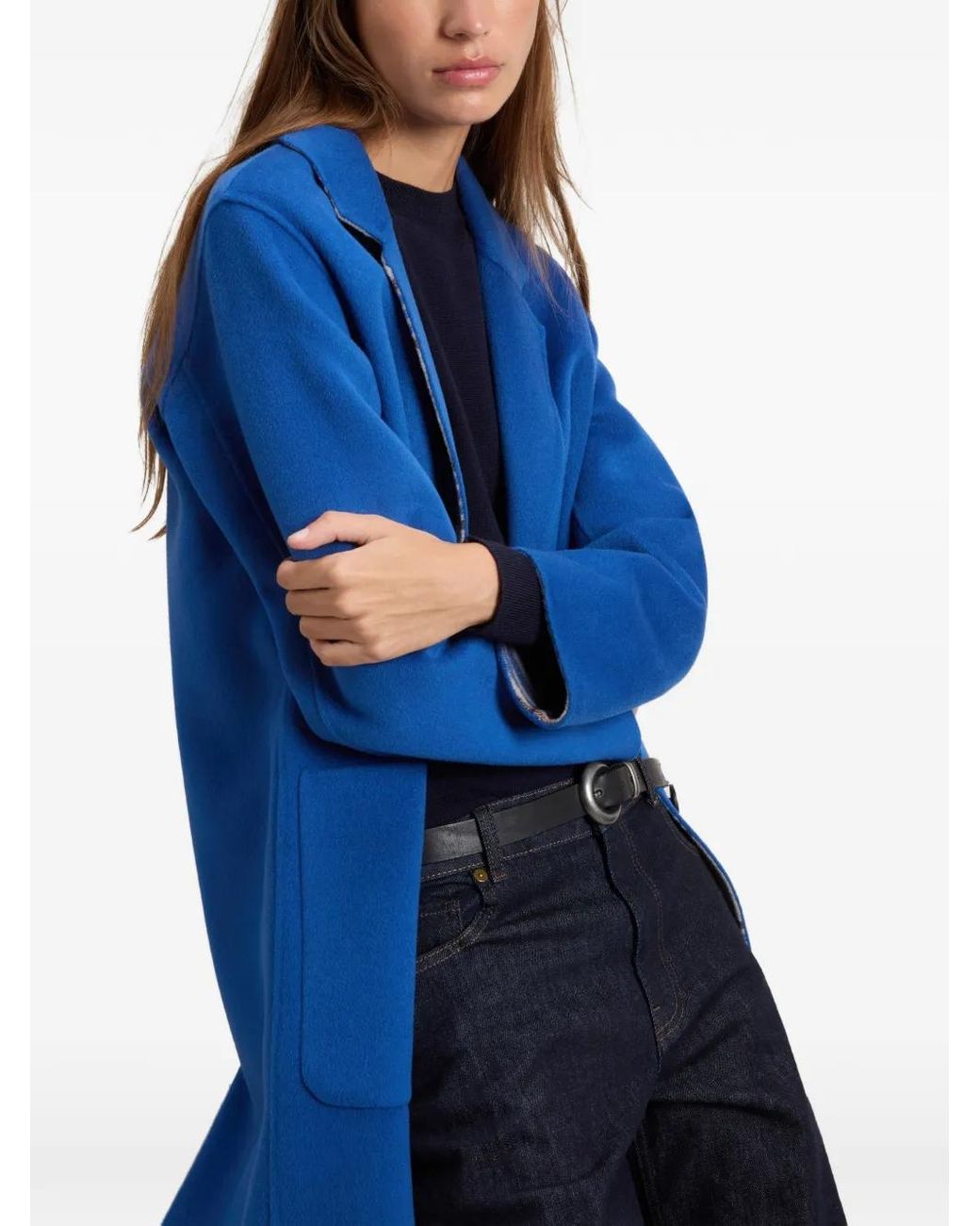 Woolrich Blue Manteau En Laine Vierge À Revers Crantés