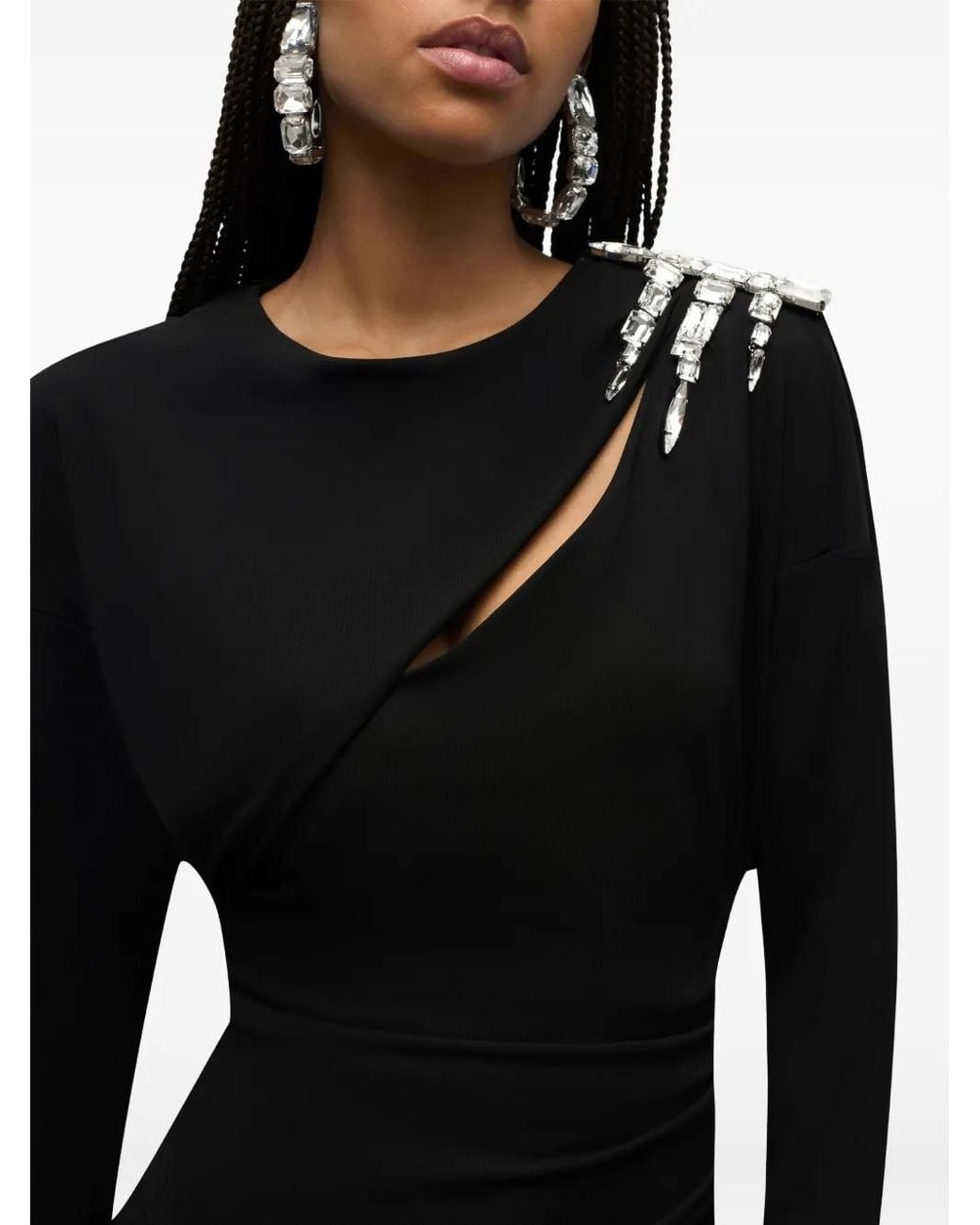 Area Black Crystal Draped Long-Sleeve Mini Dress