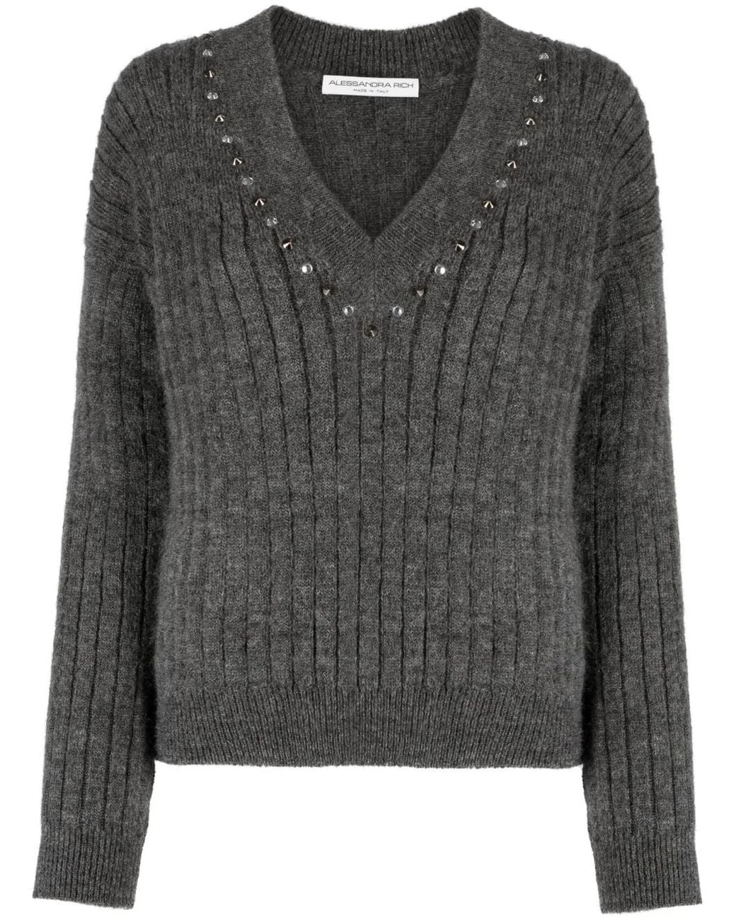 Alessandra Rich Gray Stud-Embellished Ribbed-Knit Jumper