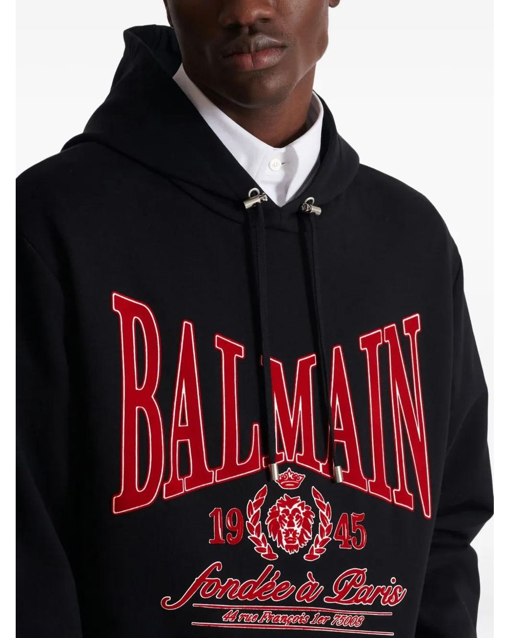 Balmain Black Flocked College Hoodie for men