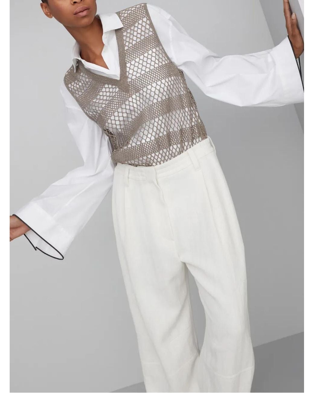 Brunello Cucinelli Brown Crepe De Chine Net Embroidered Top