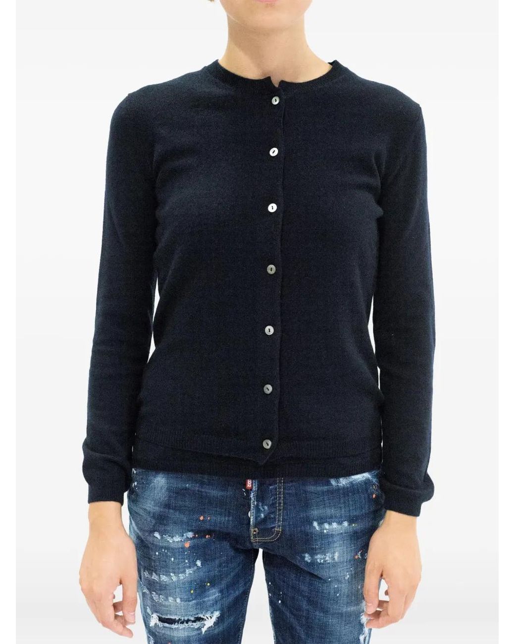 LA ROSE Blue Buttoned Cashmere Cardigan
