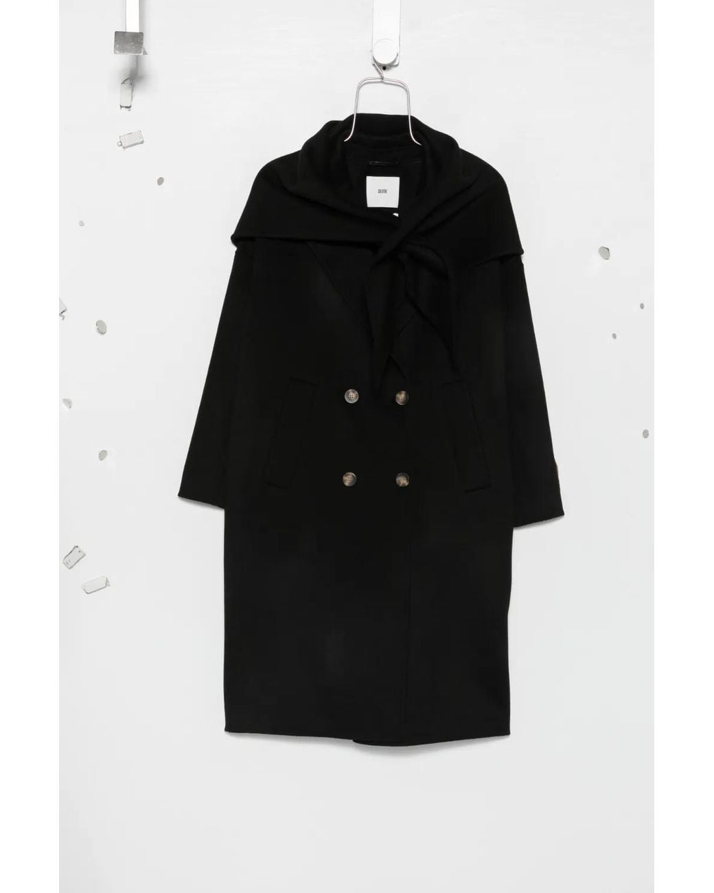 SOLOTRE Black Double-Breasted Scarf-Detail Coat