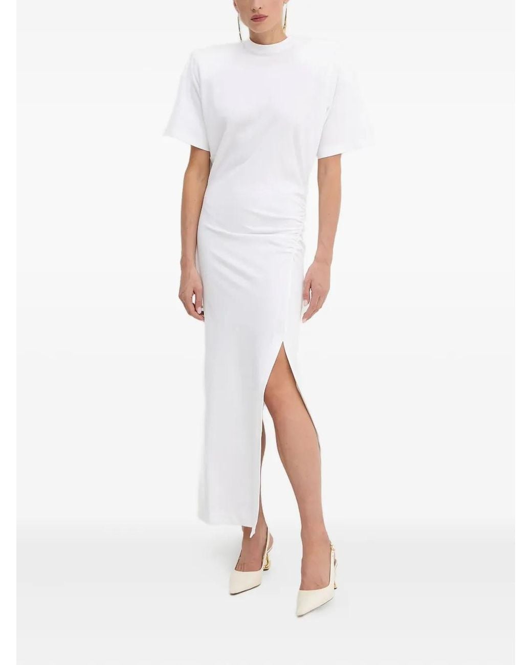 Pinko White Shoulder-Padded Side-Split Maxi Dress