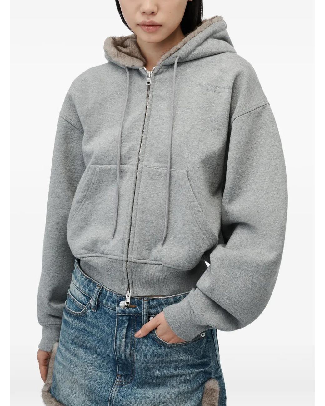 Alexander Wang Gray Faux Fur Hood Zip-Up Hoodie