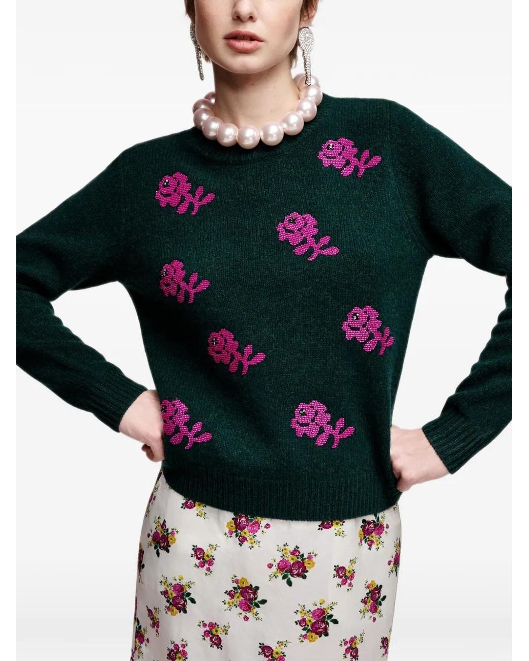 Essentiel Antwerp Blue Floral-Jacquard Bead-Embellished Sweater