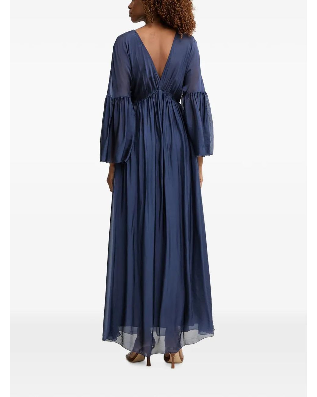 Haveone Blue Robe Longue Plissée À Col V