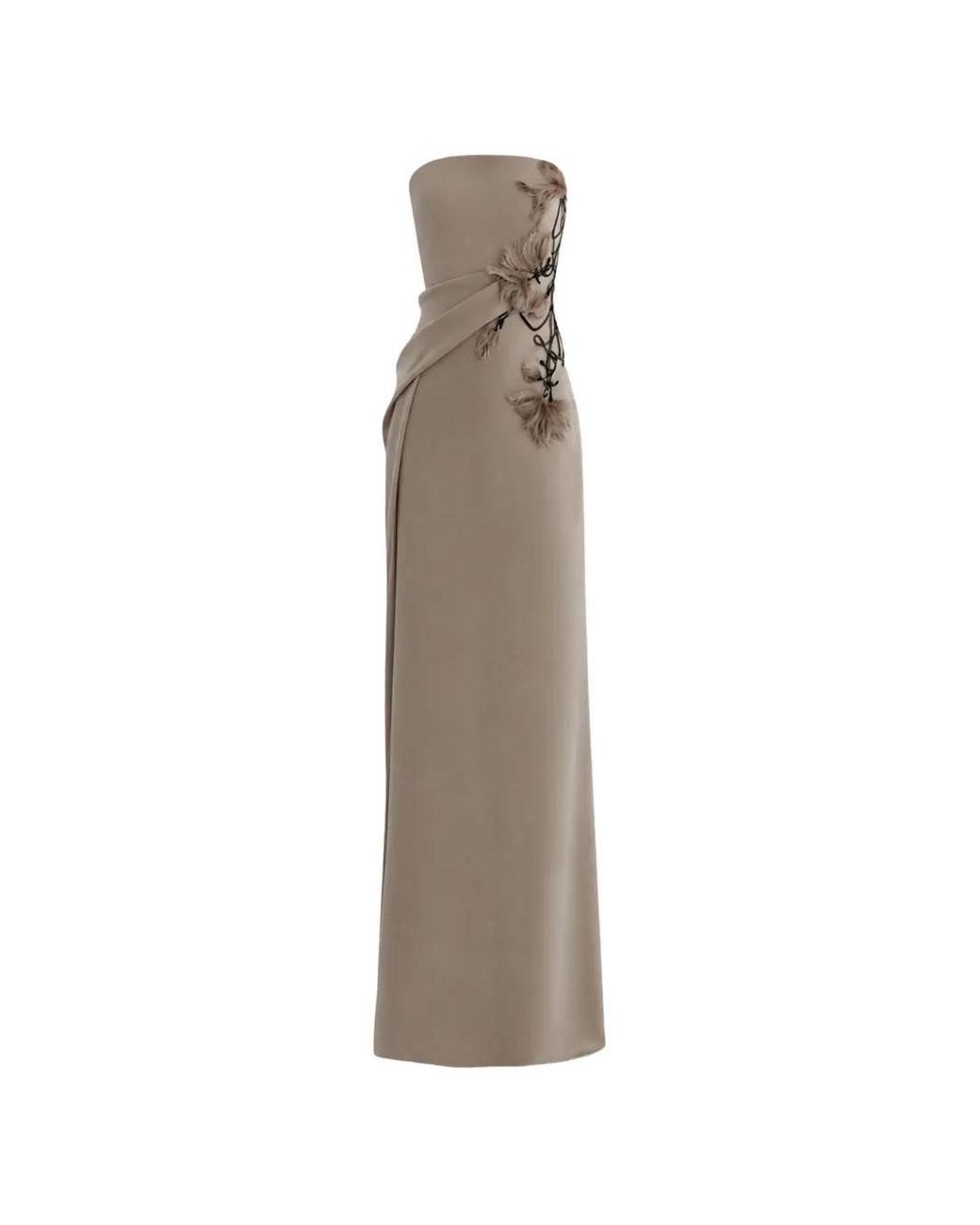 Gemy Maalouf Natural Strapless Beaded-Floral Maxi Dress