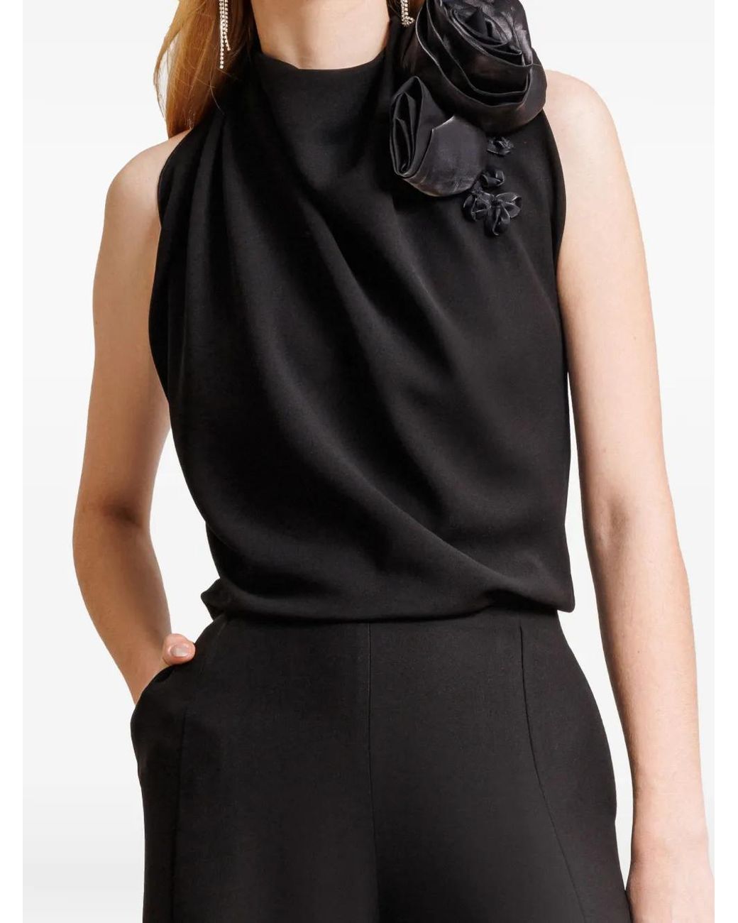Gemy Maalouf Black Floral-Appliqué Draped Top