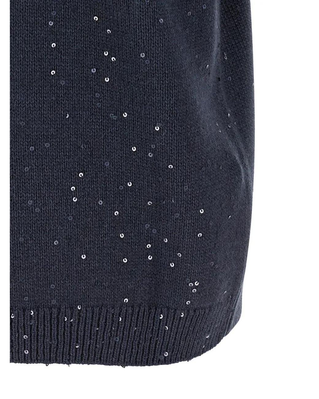 Brunello Cucinelli Blue Sequin-Embellished Short-Sleeve Sweater